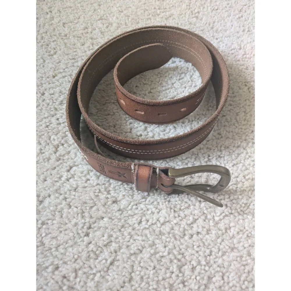 Frye Brown Leather Belt w/ White Contrast Stitching & Brass Hardware Sz 42